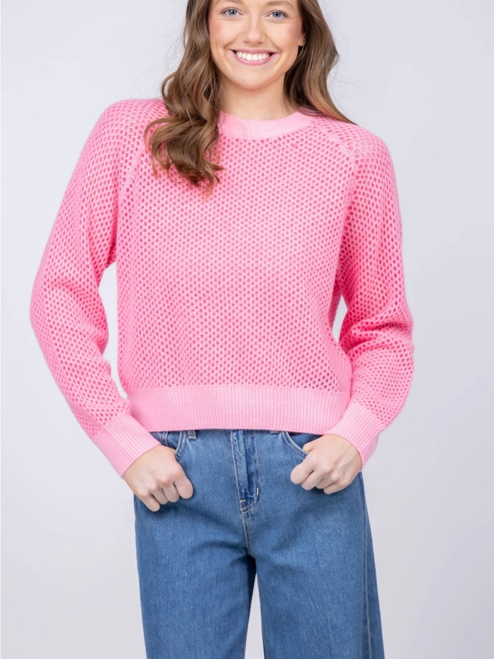 NEW White & Warren 100% Cashmere Mesh Sweatshirt in Rose Glow and Talc